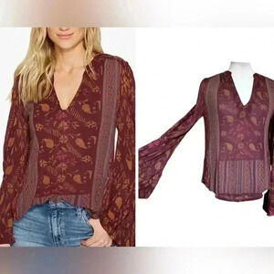 Lucky Brand Embroidered Maroon Floral Southwestern Boho Blouse Bell Sleeves Med.